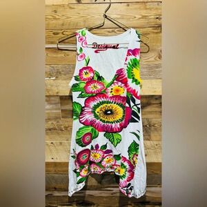 Desigual cami mini dress tunic white sun flowy colorful embroidered v-neck US M
